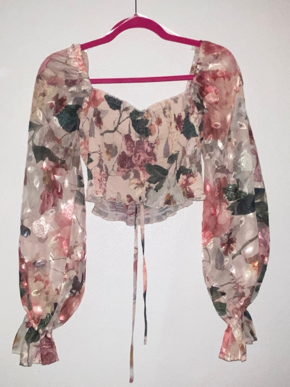 Romantic Floral Sheer Tie-Front Crop Top - Pink Floral
